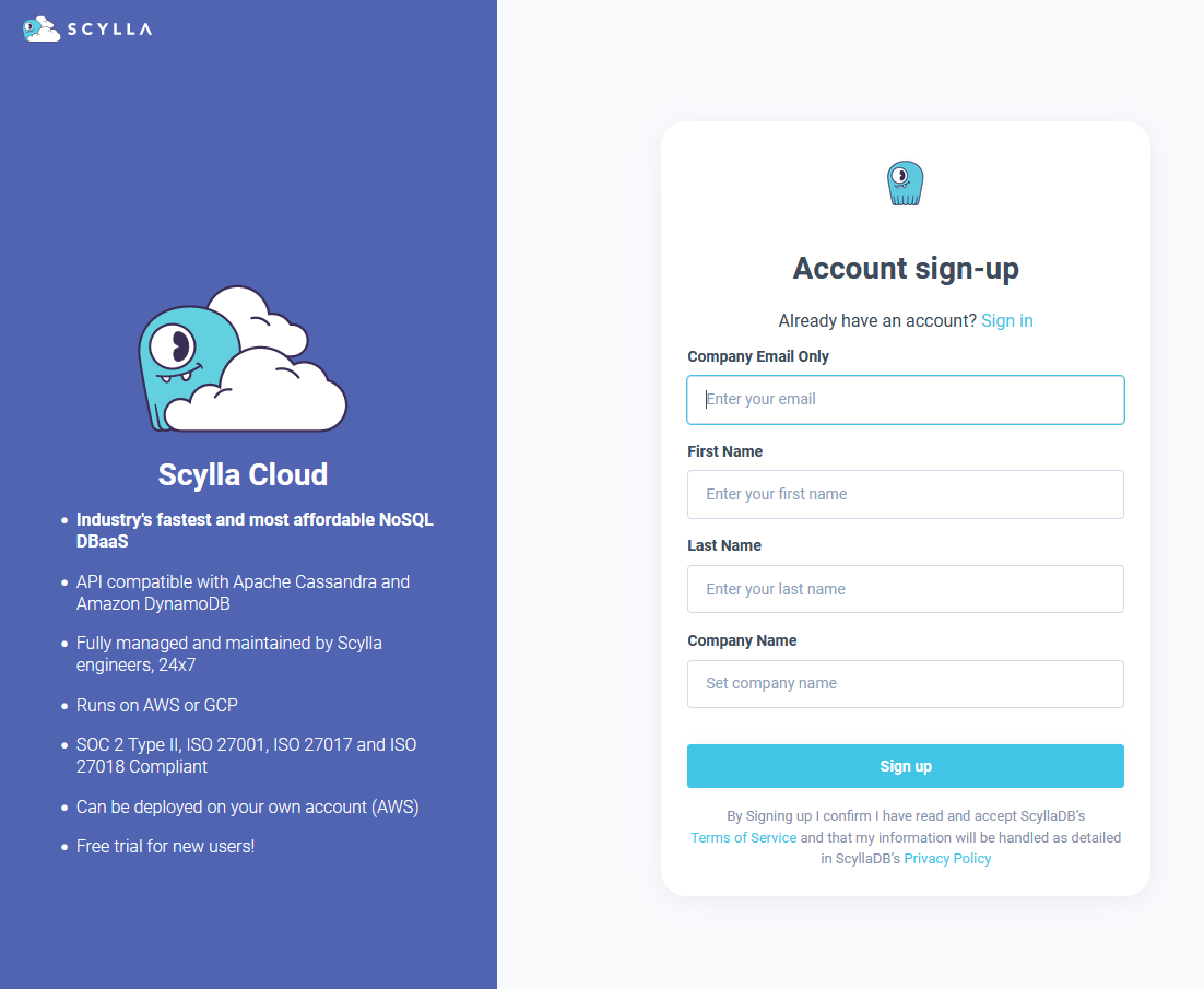 ScyllaDB Cloud Registration Page
