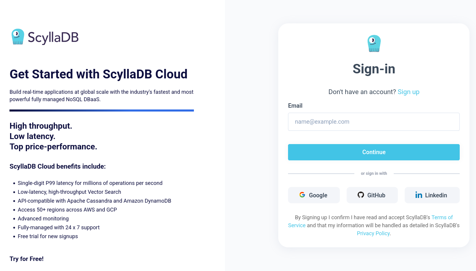 ScyllaDB Cloud Registration Page