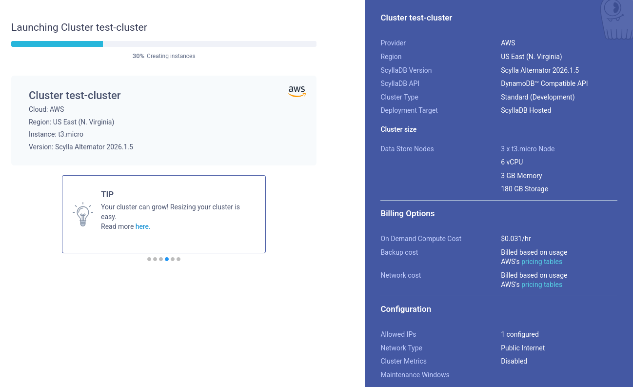 Cluster creating in progress page
